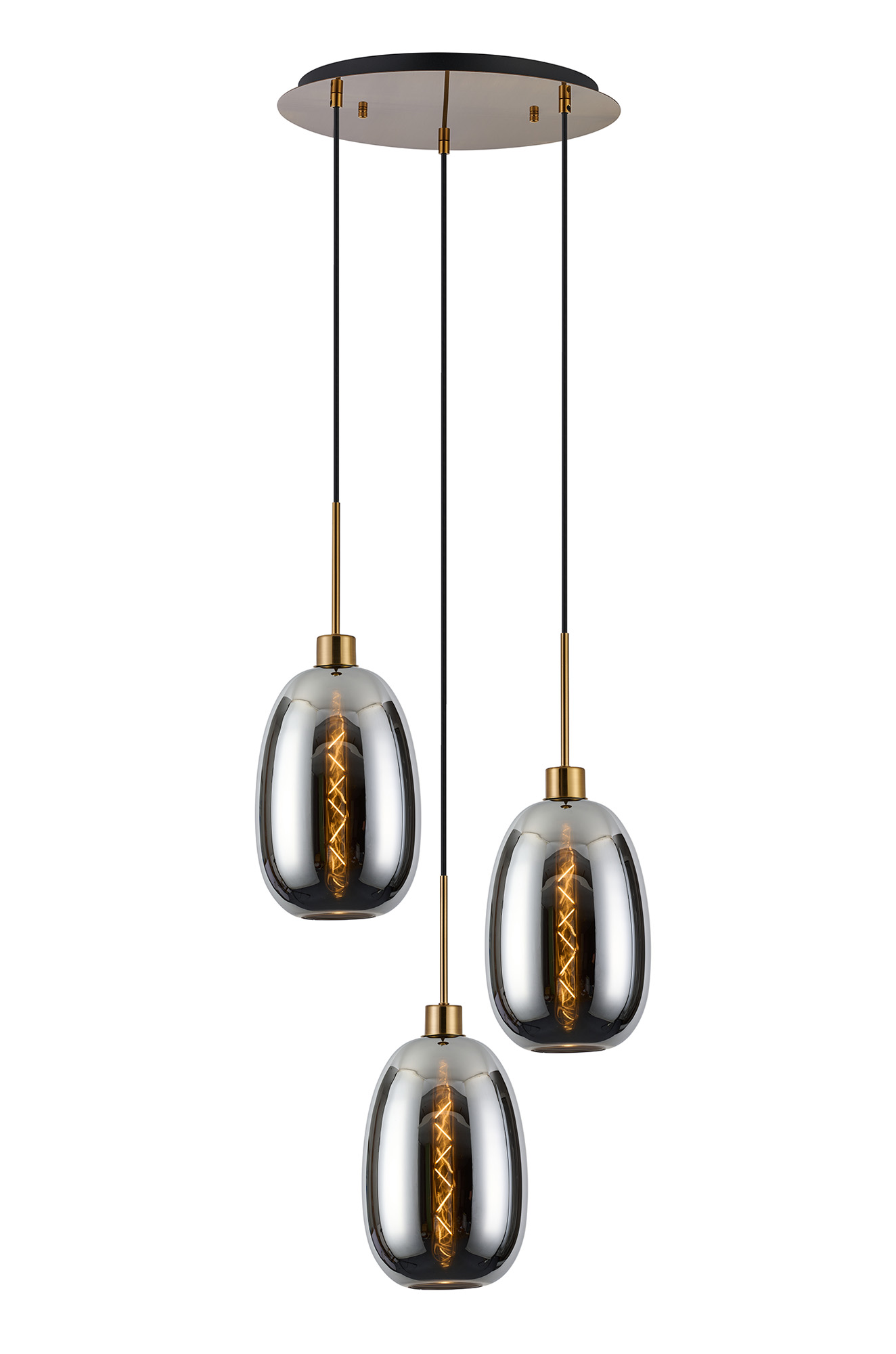 DK1174  Lori 40cm Round Pendant, 3 Light Adjustable E27, Antique Gold/Chrome Slim Curved Trapezium Shades